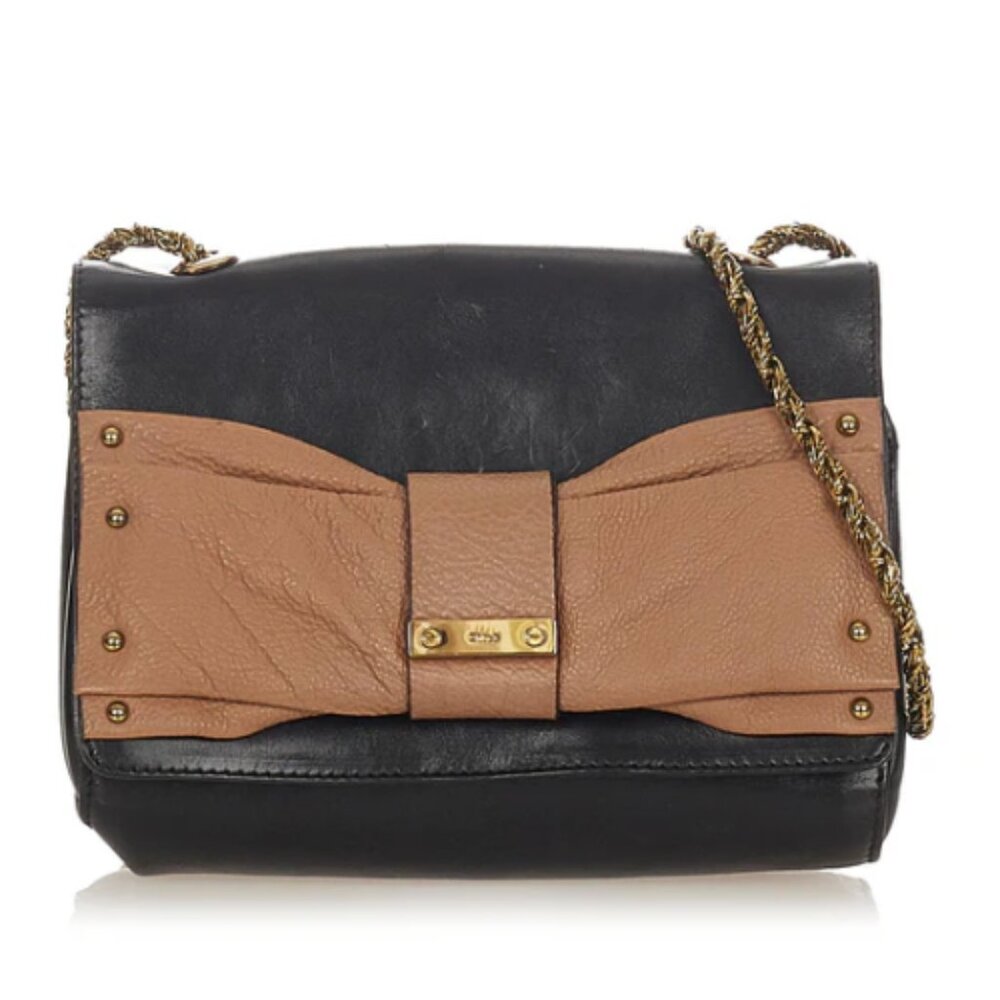 Chloe Black/Tan Leather "June" Bow Crossbody/Shoulder Bag